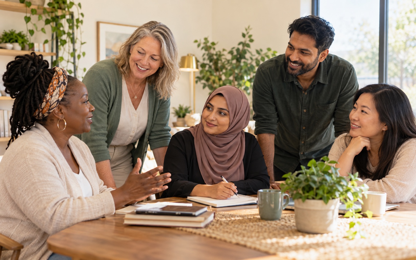 A diverse group of caregivers planning together around a table