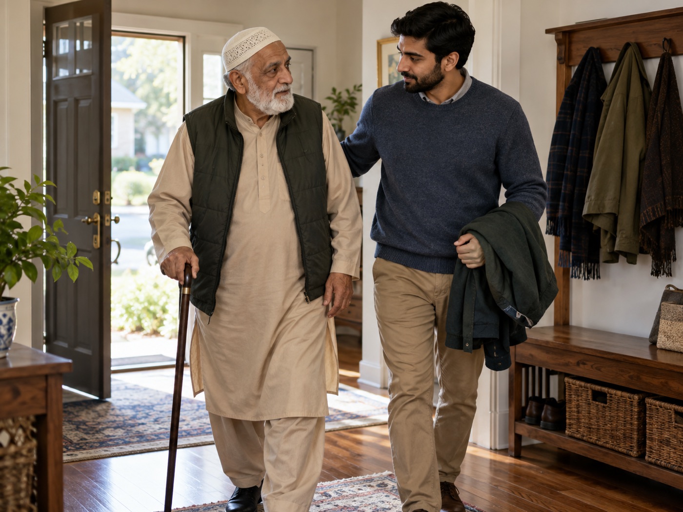 A caregiver helping an older adult prepare to leave home safely