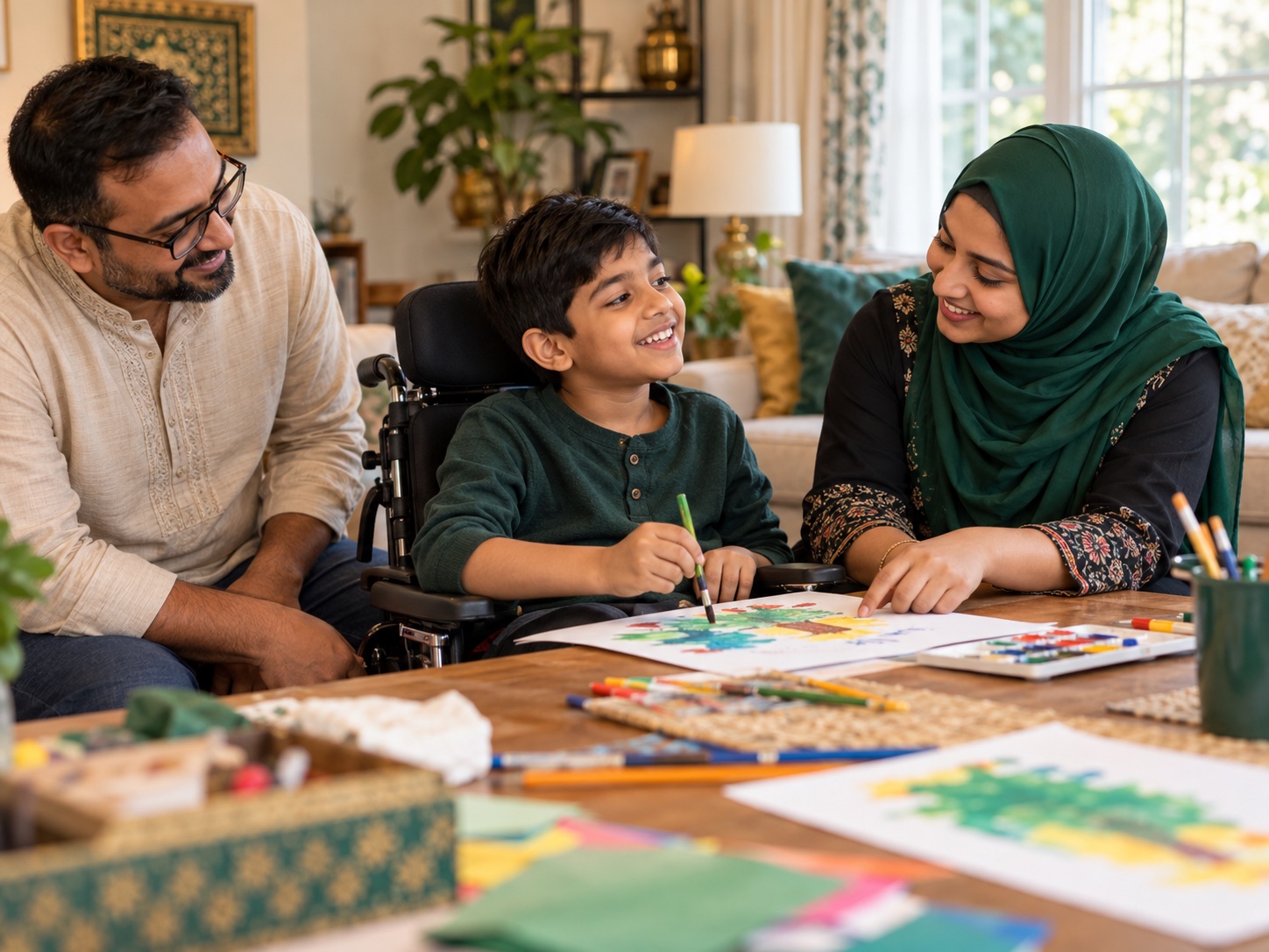 A child using a wheelchair enjoying an art activity with a parent and home-care aide